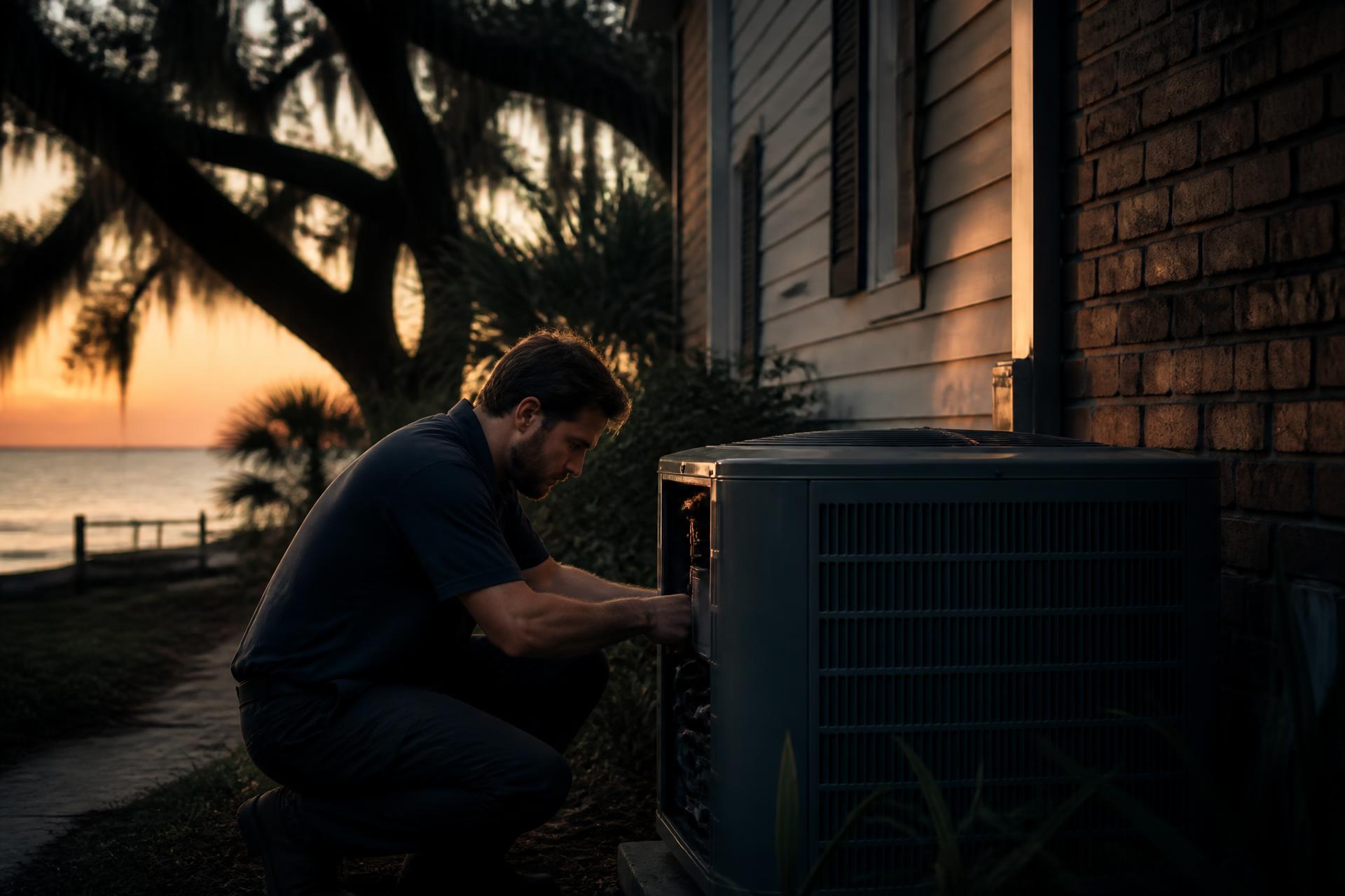 Cannon Heating and Air technician at a Wilmington home at dusk