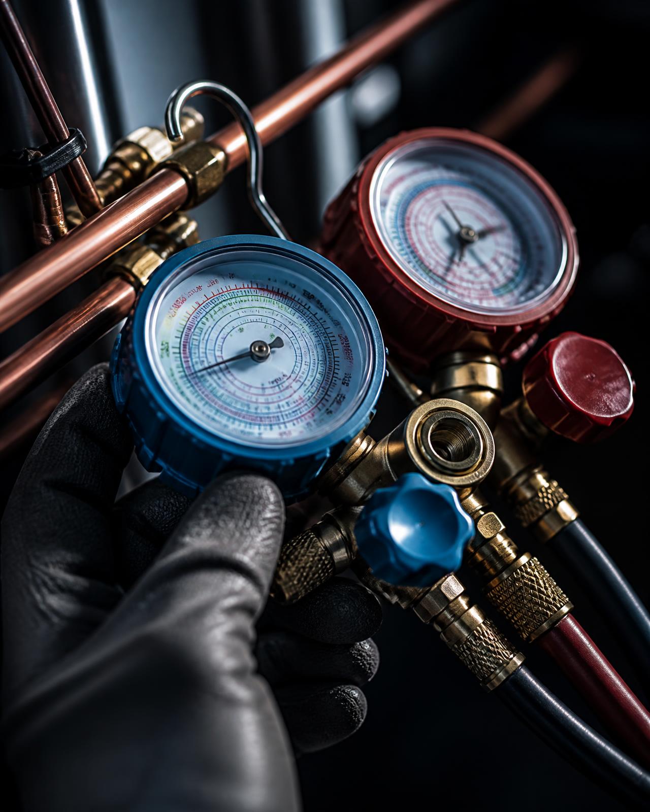 Manifold gauges reading refrigerant pressure on a copper line set