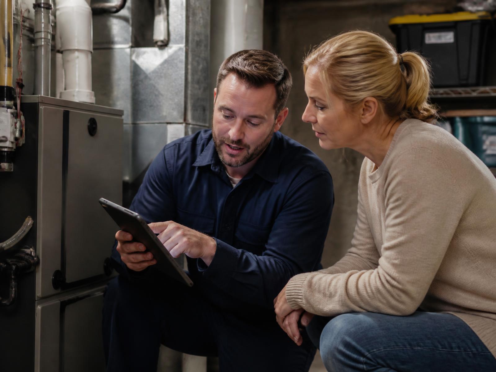 Technician showing a homeowner a diagnostic report beside a furnace