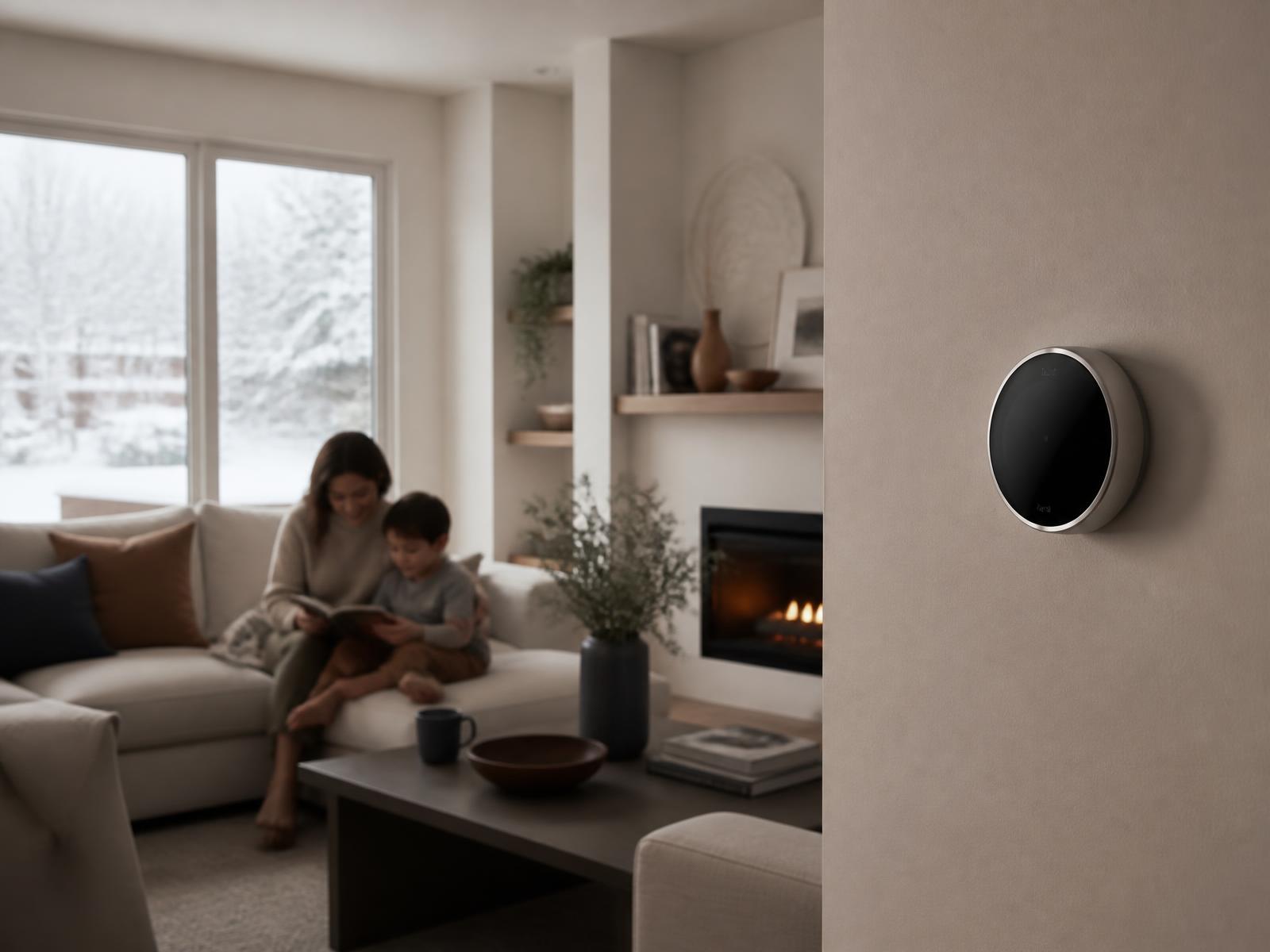 Warm living room in winter with a thermostat on the wall